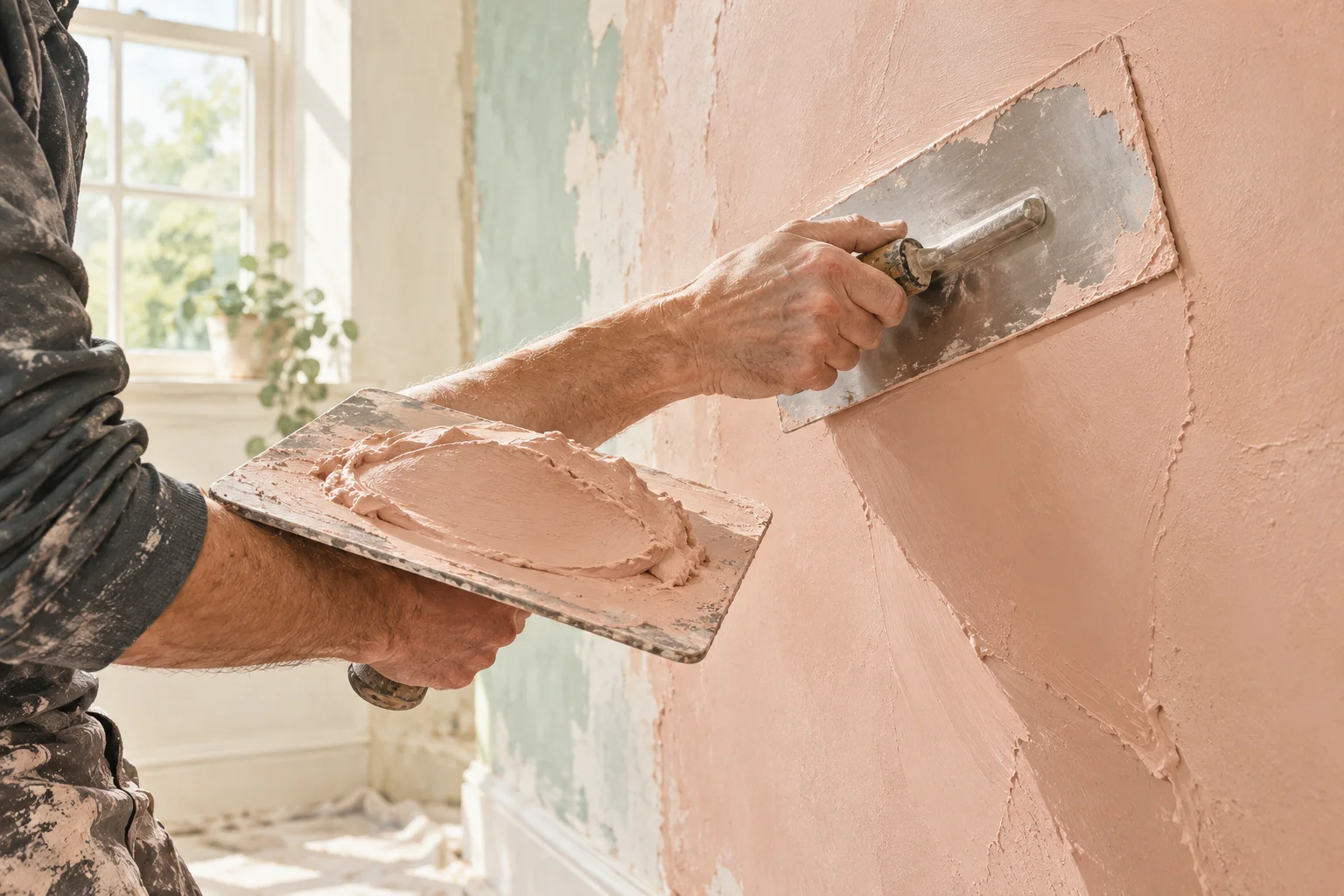 Illustration of a plasterer smoothing fresh plaster with a steel trowel