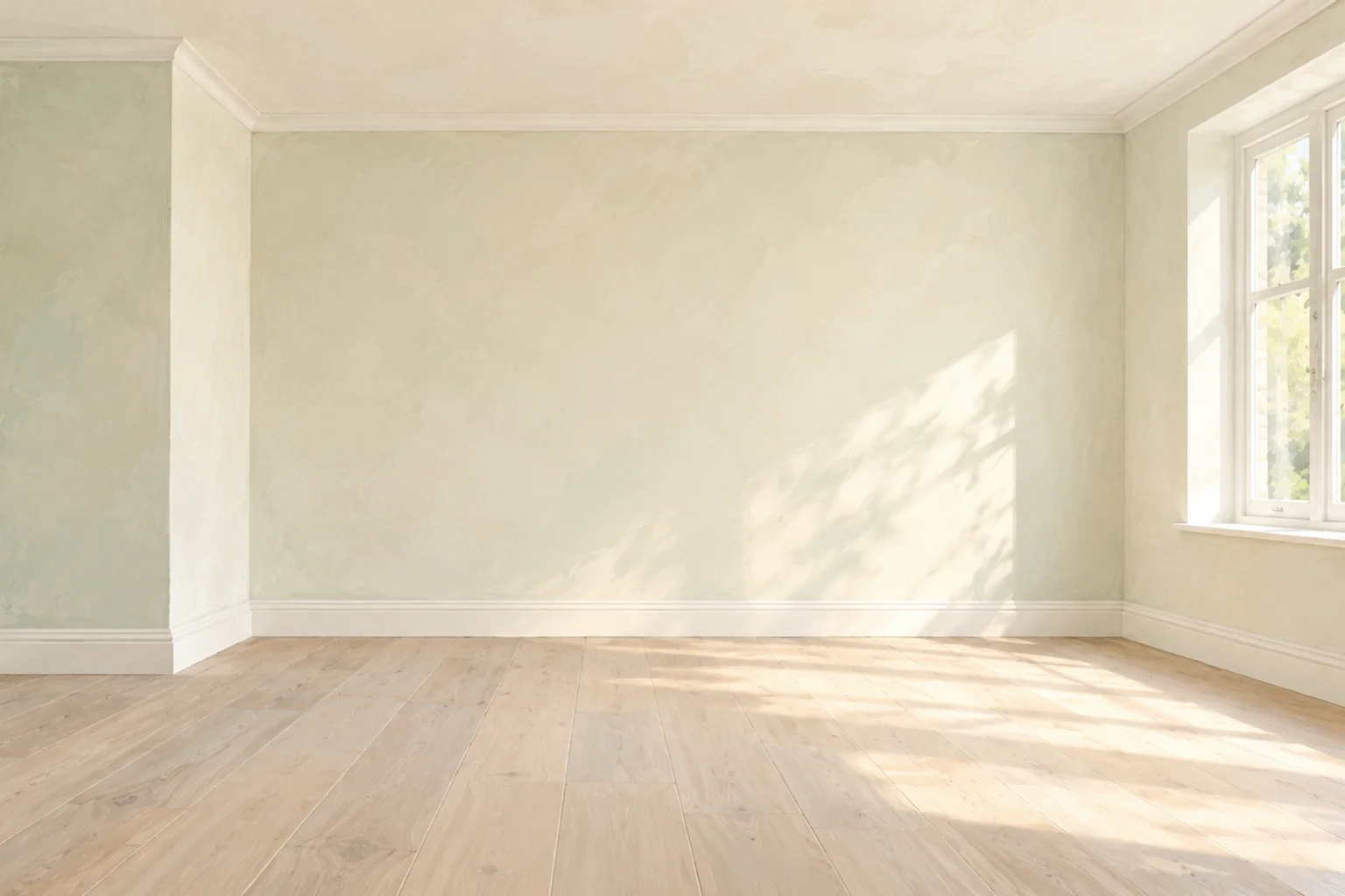 Illustration of a bright room with smooth plaster walls and a freshly finished ceiling